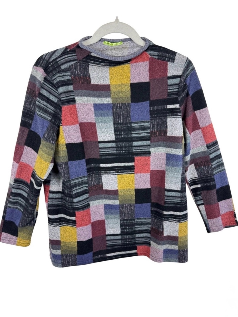Trisha Tyler Womens Geometric Patchwork Funnel Neck Knit Long Sleeve Large